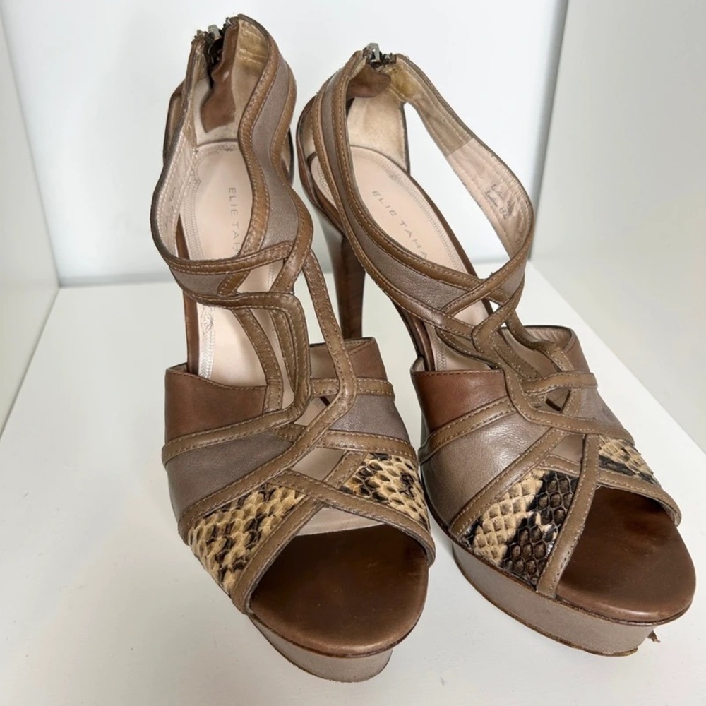 Elie Tahari Tan and Brown Snake Print Heels